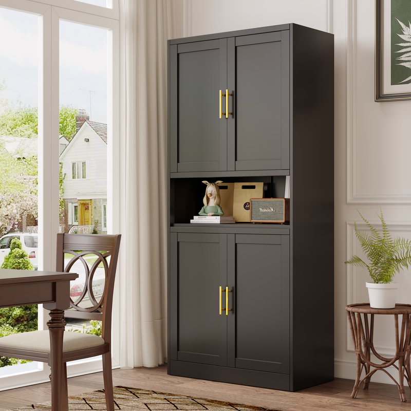 Modern Metal Freestanding Kitchen Pantry Storage Cabinet with 4 Doors and Adjustable Shelves Mercer41 Color Black